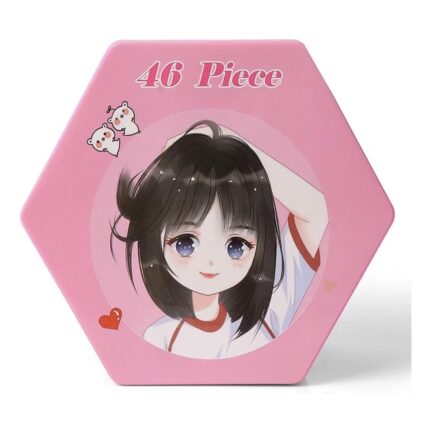 46 Piece Cute Anime Girl Hexagonal Metal Tin Box Art Set Color Pencils Markers Crayons