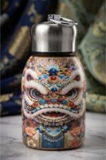 Traditional Oriental Guardian Lion Art Thermal Sipper Flask with Metal Ring Lid - Image 3