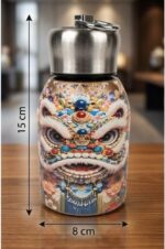 Traditional Oriental Guardian Lion Art Thermal Sipper Flask with Metal Ring Lid - Image 4