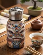 Traditional Oriental Guardian Lion Art Thermal Sipper Flask with Metal Ring Lid - Image 2
