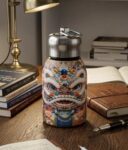 Traditional Oriental Guardian Lion Art Thermal Sipper Flask with Metal Ring Lid
