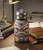 Traditional Oriental Guardian Lion Art Thermal Sipper Flask with Metal Ring Lid