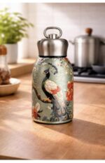 Vintage Peacock and Botanical Floral Thermal Sipper Flask with Metal Ring Lid