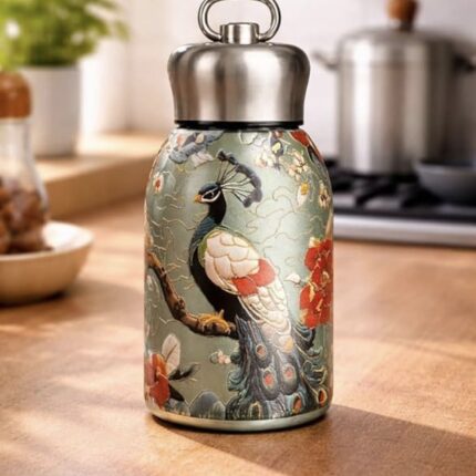 Vintage Peacock and Botanical Floral Thermal Sipper Flask with Metal Ring Lid