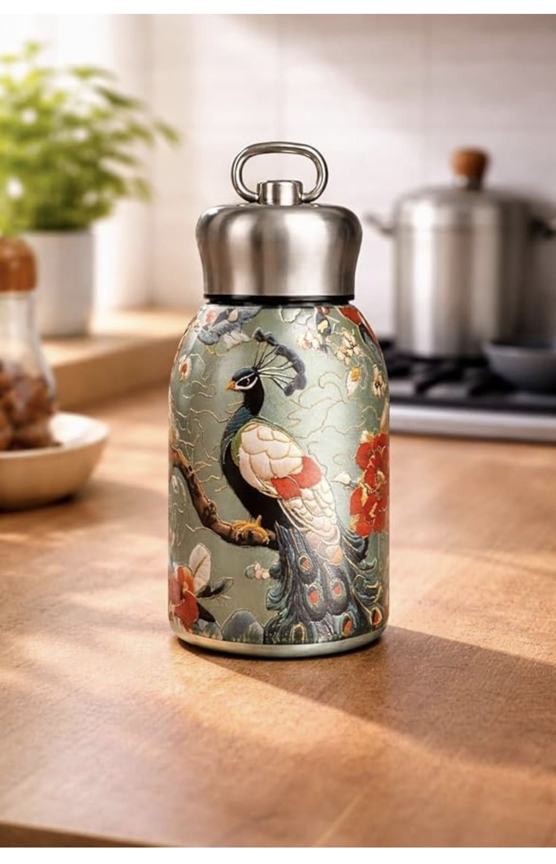 1000138896 Vintage Peacock and Botanical Floral Thermal Sipper Flask with Metal Ring Lid - Image 1