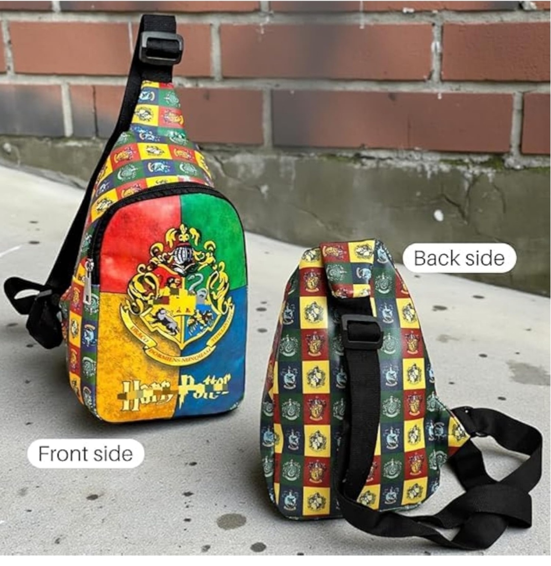 Oplus_16908288 Harry Potter Hogwarts Four Houses Crest Printed Crossbody Sling Bag One-Shoulder Travel Chest Pack - Image 1