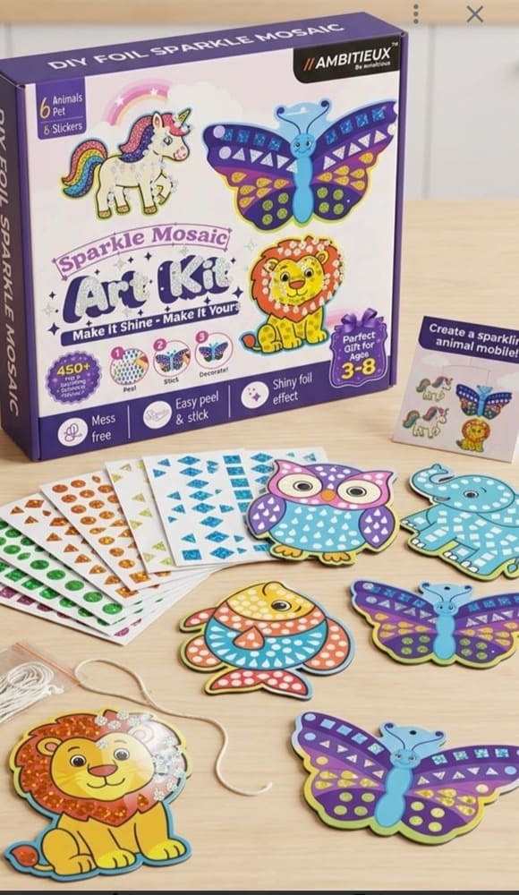 1000194910 DIY Sparkle Foil Mosaic Art Kit for Kids Mess Free Peel and Stick Animal Sticker Craft Kit - Image 1