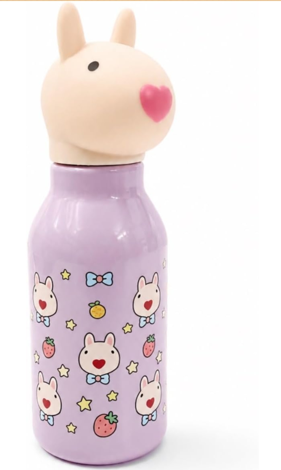 Oplus_16908288 Cute Bunny Head Kids Water Bottle with Heart and Strawberry Prints - Image 1
