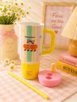 Cute Pastel Star Tumbler Mug with Straw & Handle - Image 4
