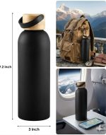 Matte Black Stainless Steel Water Bottle with Eco-Friendly Wooden Cap, 22oz – Double-Walled Vacuum Insulated Sports Flask with Carry Strap – Leakproof Travel Bottle for Gym, Hiking & Office (3" x 9.2")
