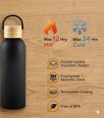 Matte Black Stainless Steel Water Bottle with Eco-Friendly Wooden Cap, 22oz – Double-Walled Vacuum Insulated Sports Flask with Carry Strap – Leakproof Travel Bottle for Gym, Hiking & Office (3" x 9.2") - Image 3